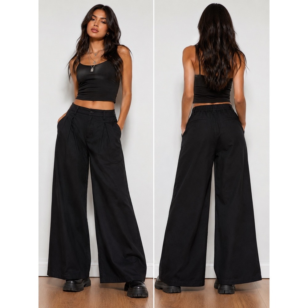 Grace Karin Black Wide Leg Trousers High Waisted Pleated Linen Blend Pants Small
